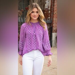 RUNGOLEE Barcelona Embroidered Peasant Style Blouse Purple Silk Smocked Size XS